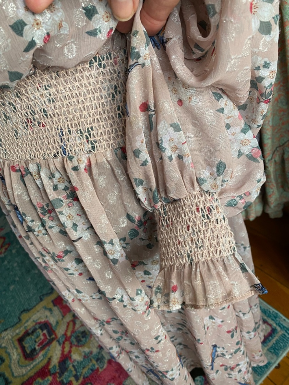 WE ARE KINDRED Pippa Shirred Floral Metallic Long Sleeve Midi Dress - Picture 5 of 6